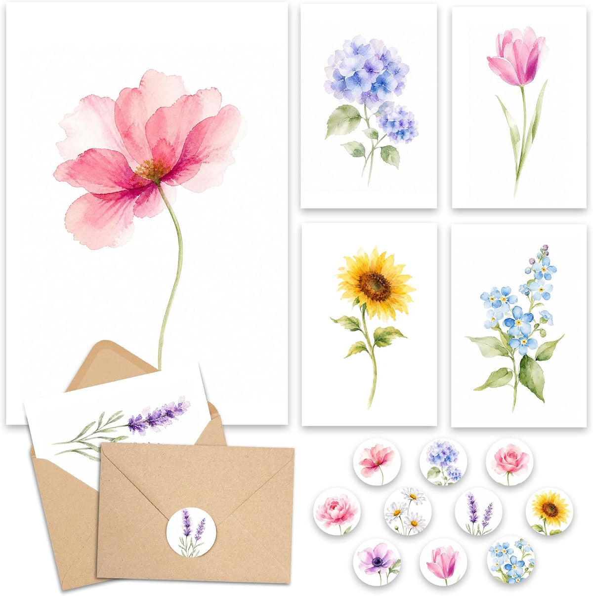 AUDREE Blank Cards with Envelopes, Watercolor Flower 50 Pack 3.5x5 inches