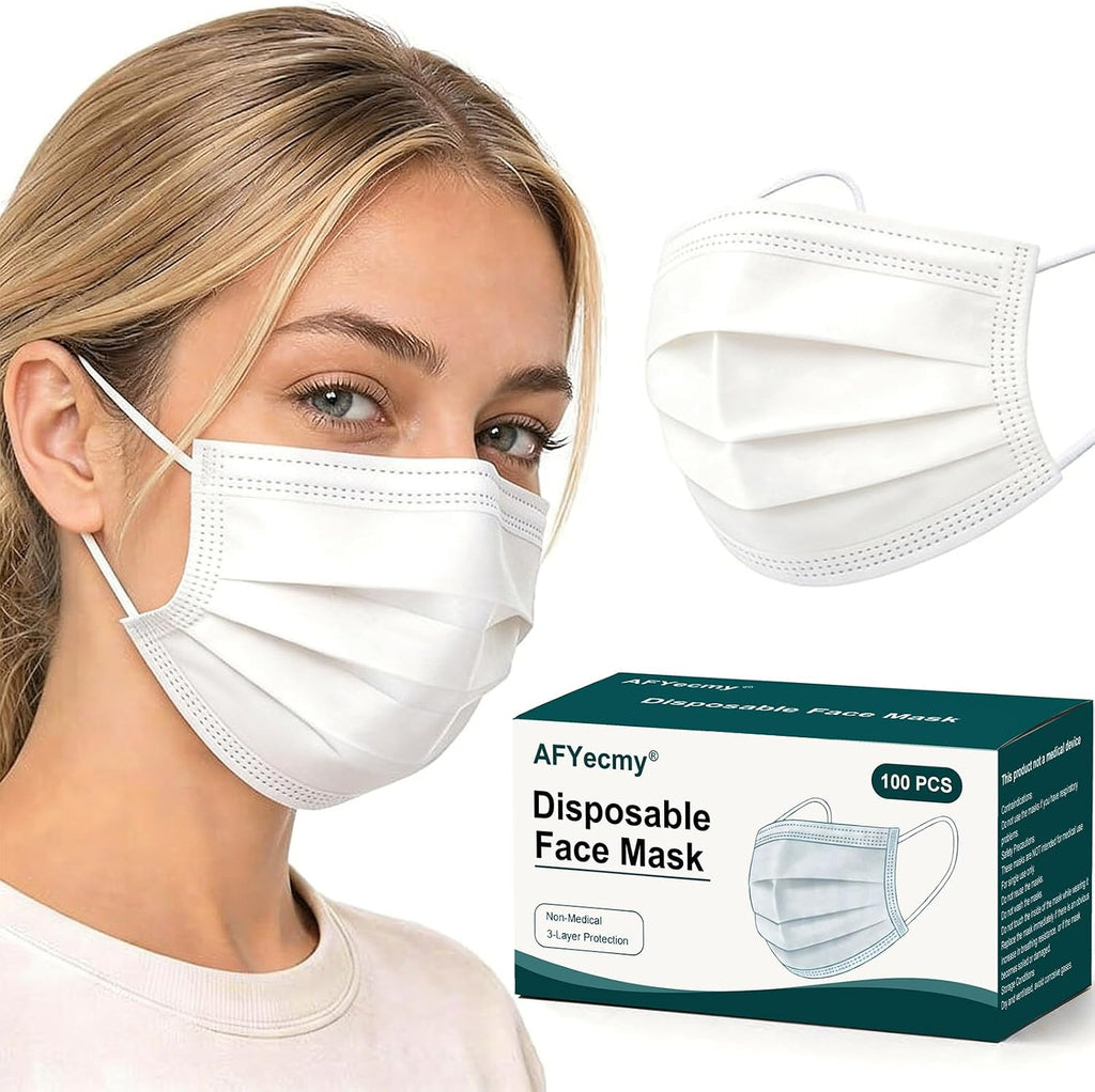 Disposable Face Masks 100 Pack, 3-Ply Breathable Masks with Soft Comfortable Earloops, Adjustable Nose Clip for Office, Travel, School & Public Use, Blue