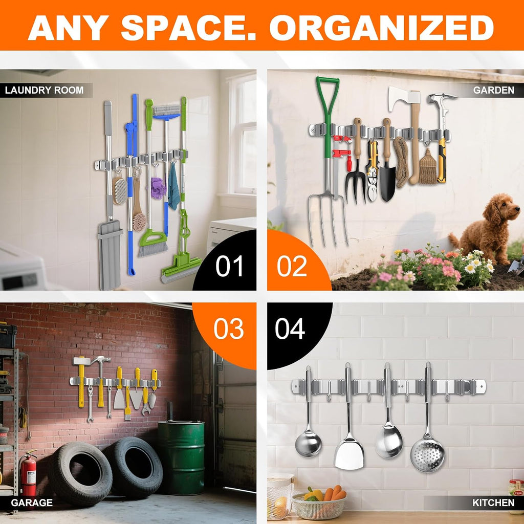 Broom Holder Wall Mount Mop Organizer, 5 Racks 4 Hooks