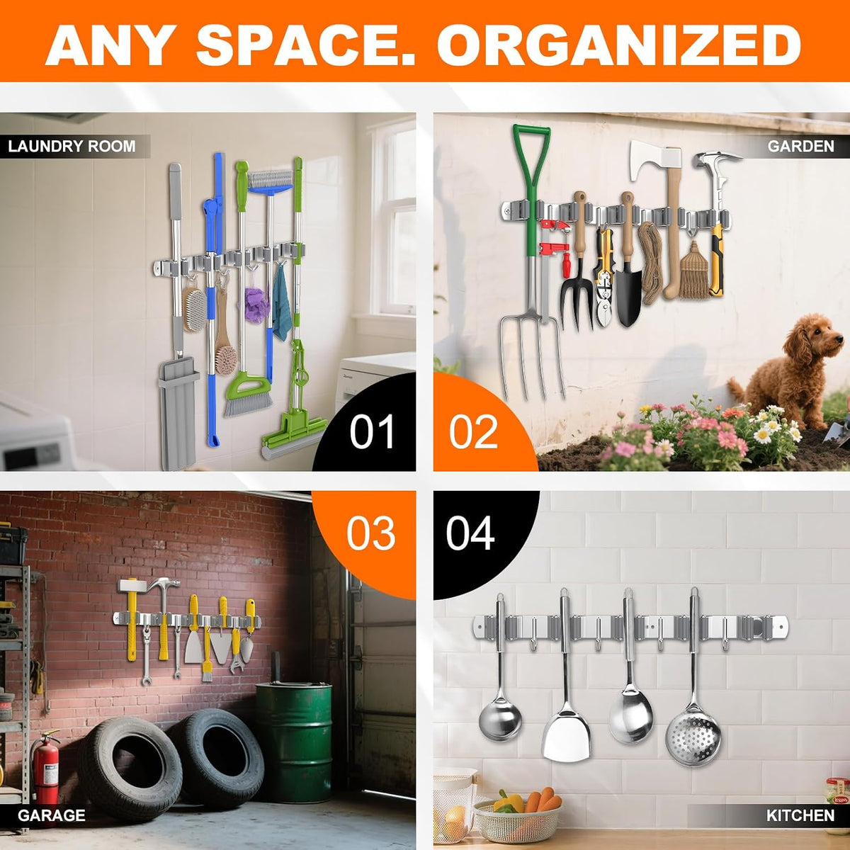 Broom Holder Wall Mount Mop Organizer, 5 Racks 4 Hooks