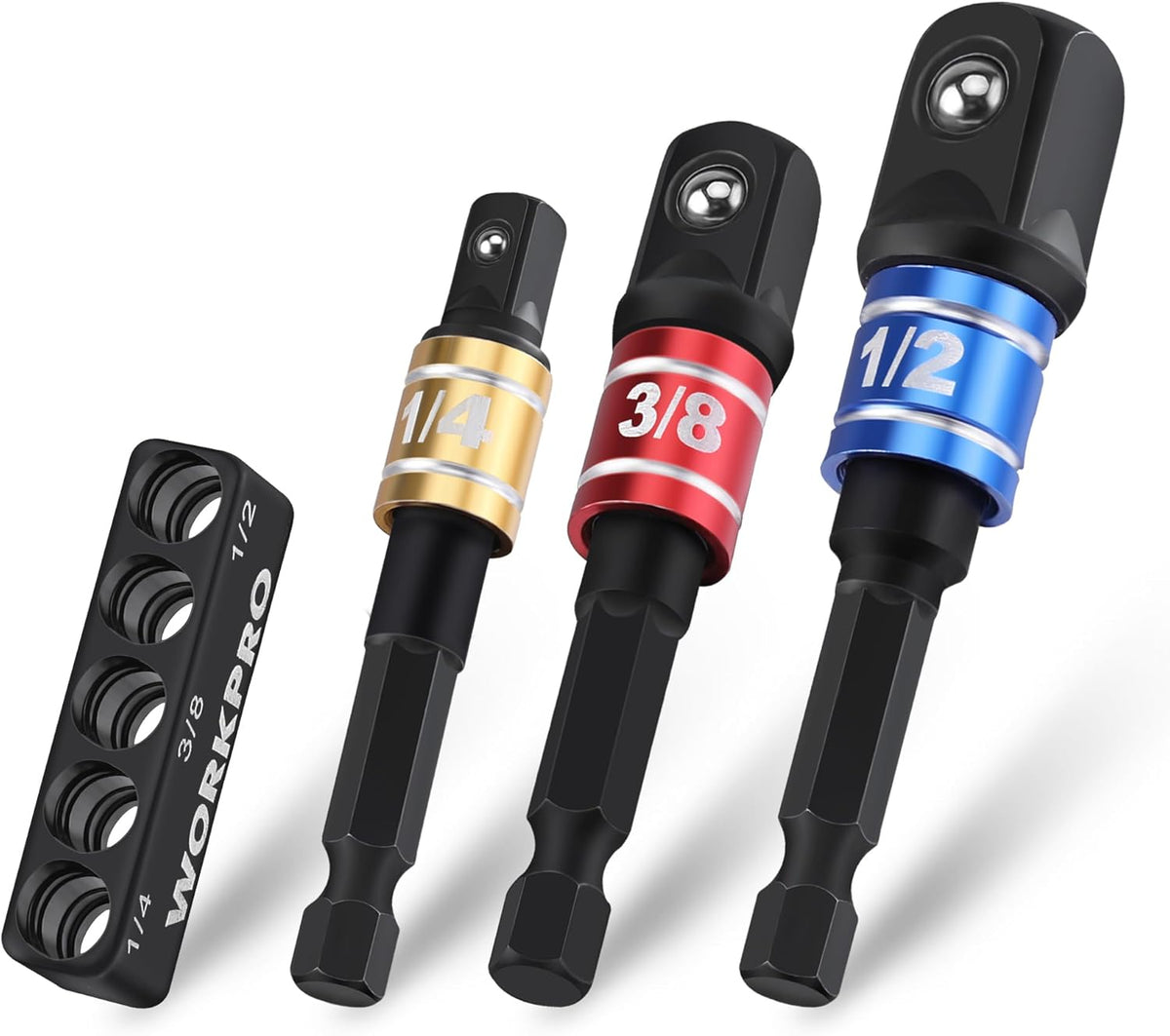 WORKPRO Impact Grade Socket Adapter Set, 1/4", 3/8", & 1/2" Drive, Extension Driver Bit With Holder, for Power Drill to High Torque Impact Wrench, 3PCS