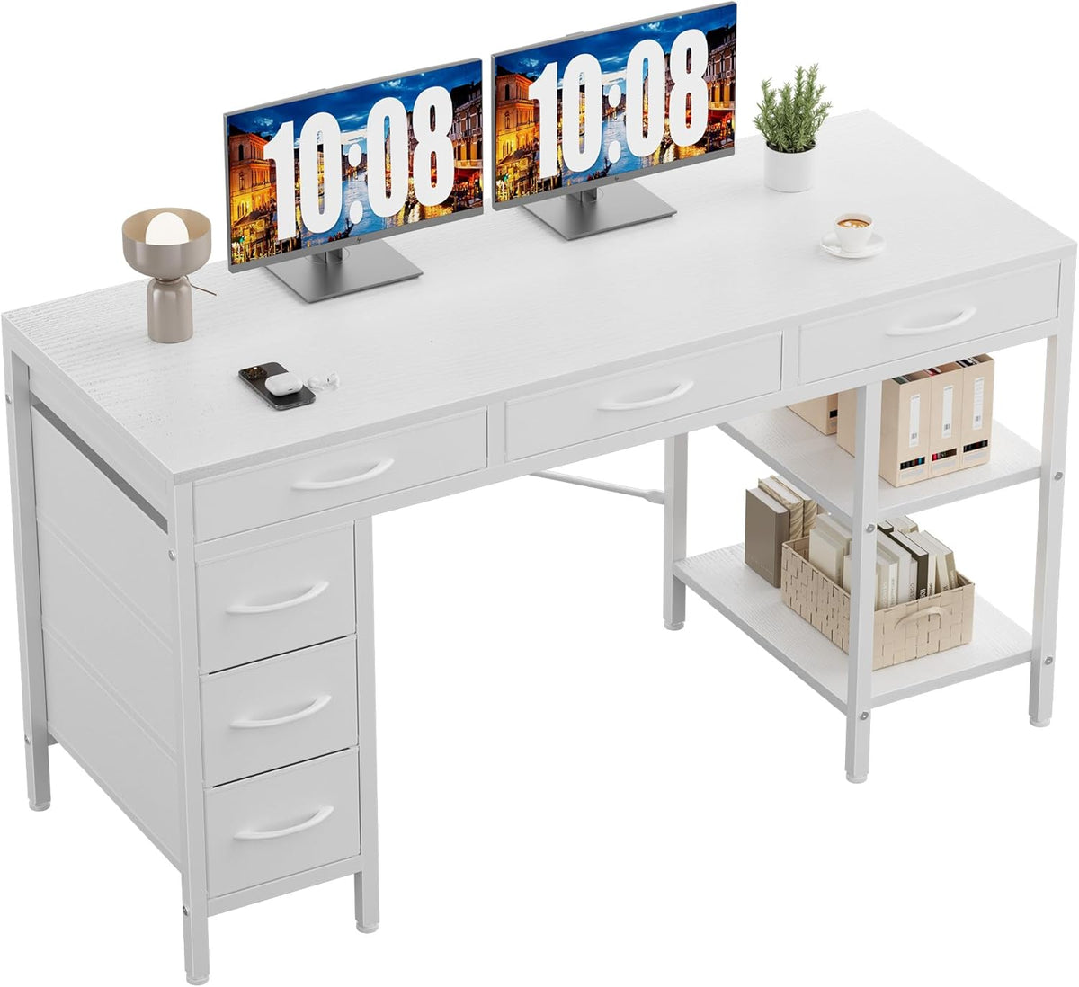 Sweetcrispy 47" Computer Desk with 6 Fabric Drawers & Storage Shelves