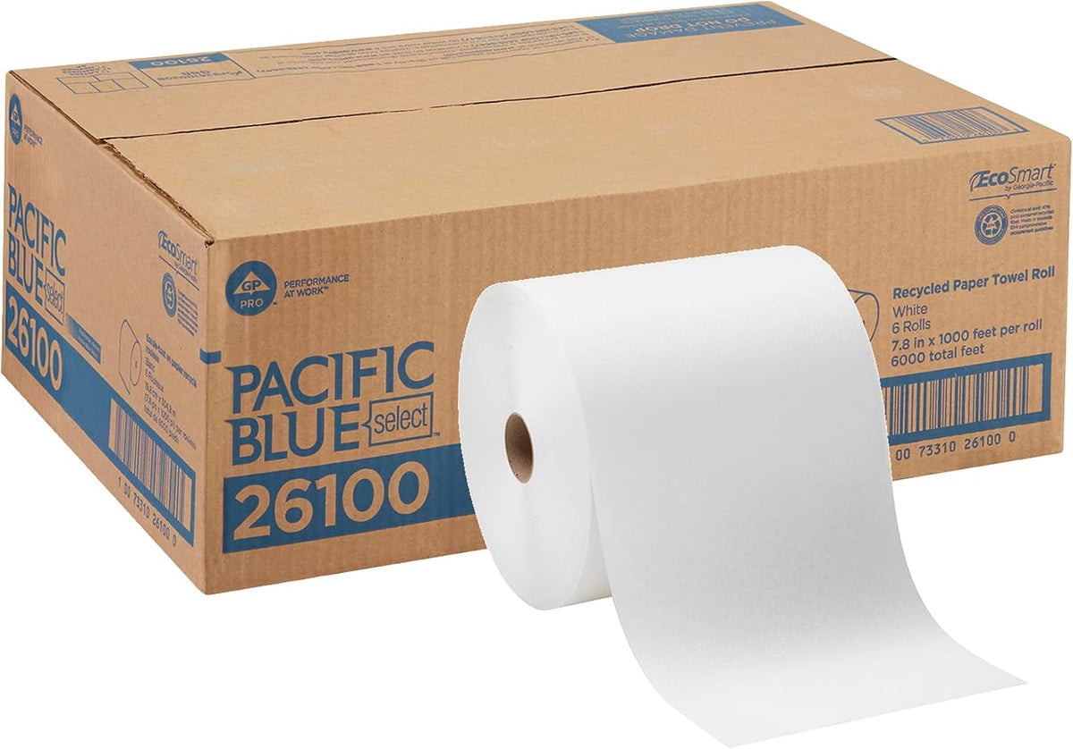 Pacific Blue Basic Recycled Paper Towel Rolls by GP PRO (Georgia-Pacific), White, 26601, 800 Feet Per Roll, 6 Rolls Per Case