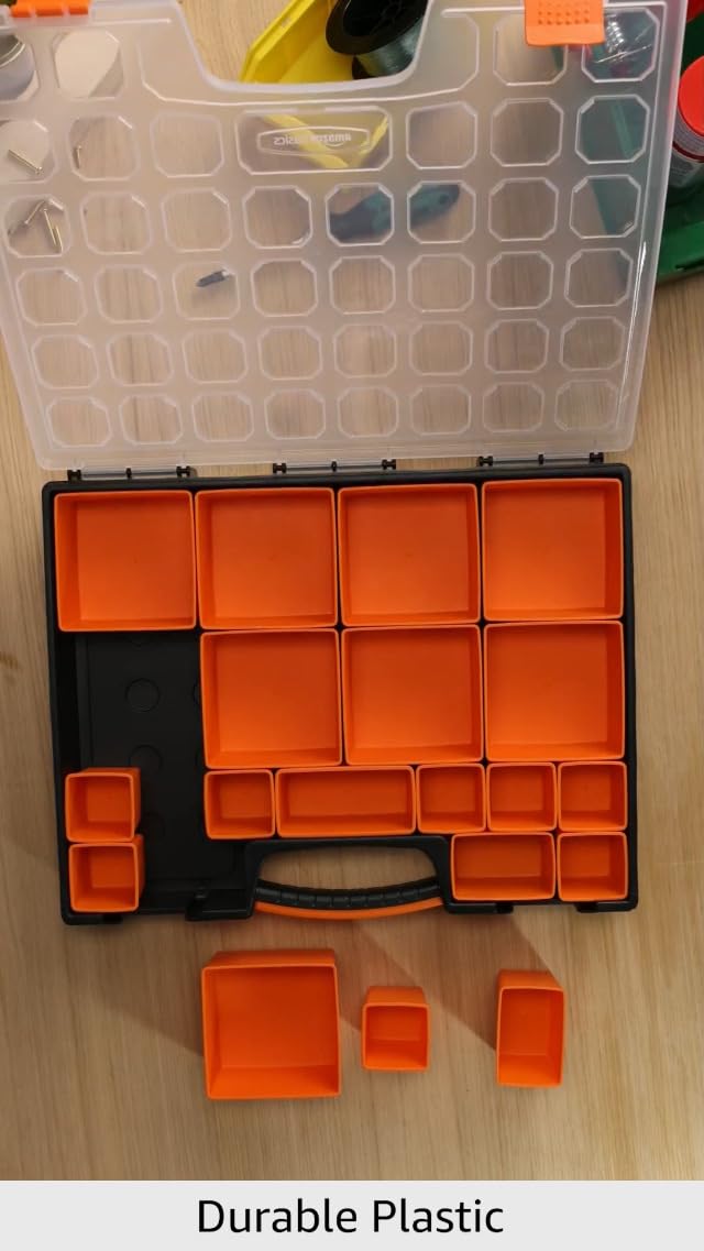 Amazon Basics 19-Removable Compartment Small Parts Organizer, Portable Hardware Storage Box with Customizable Compartments, Black, Orange, 16.5 x 13.2 x 2.4 inches