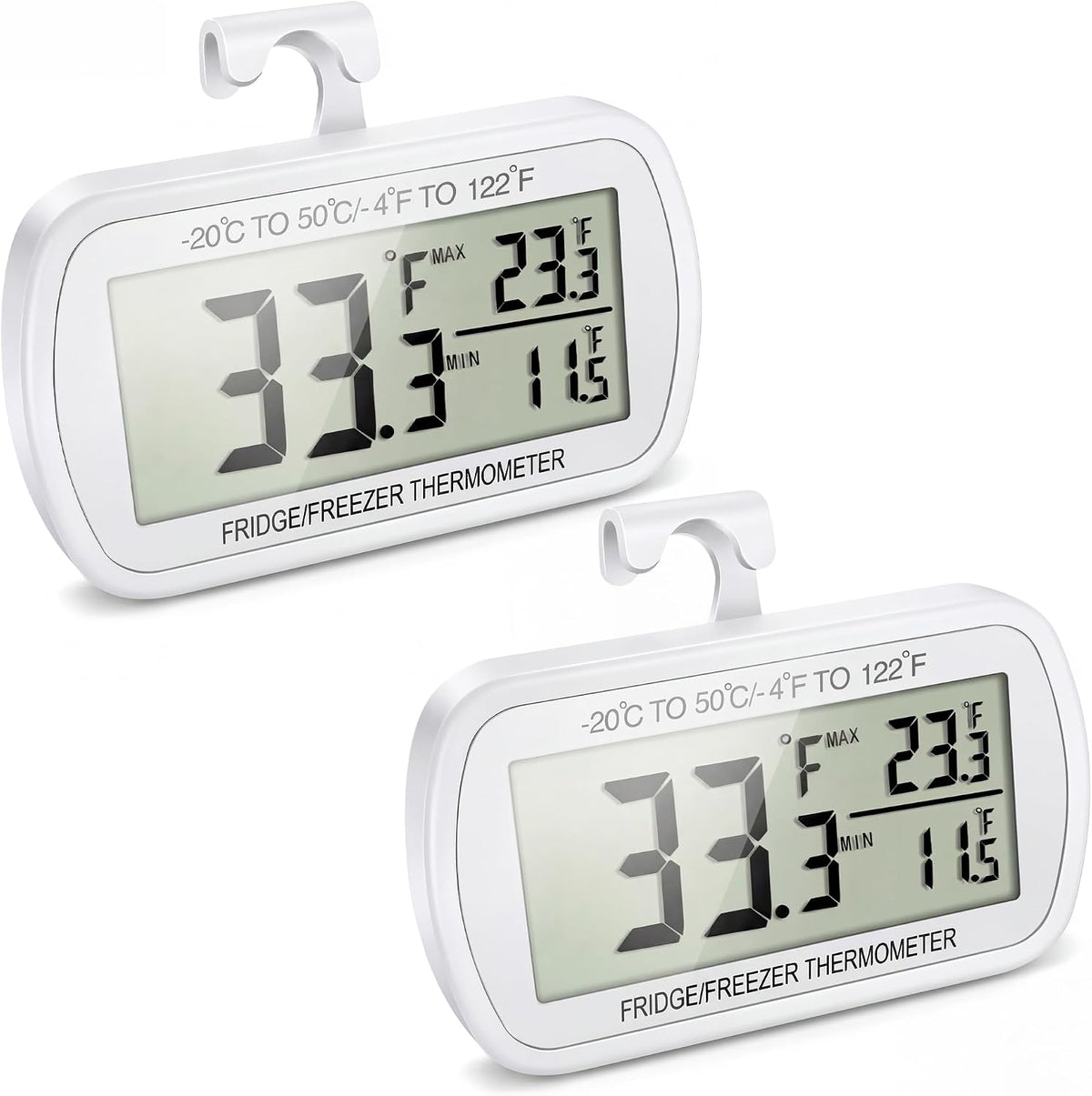 Waterproof Refrigerator Fridge Thermometer, Digital Freezer Room Thermometer, Max/Min Record Function Large LCD Screen and Magnetic Back for Kitchen, Home, Restaurants (2 Pack)