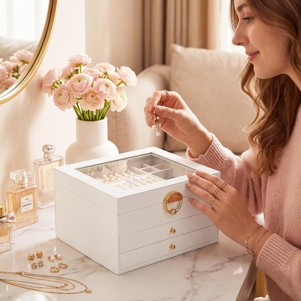 Jewelry Box, 3-Layer jewelry organizers and storage, Cloud White