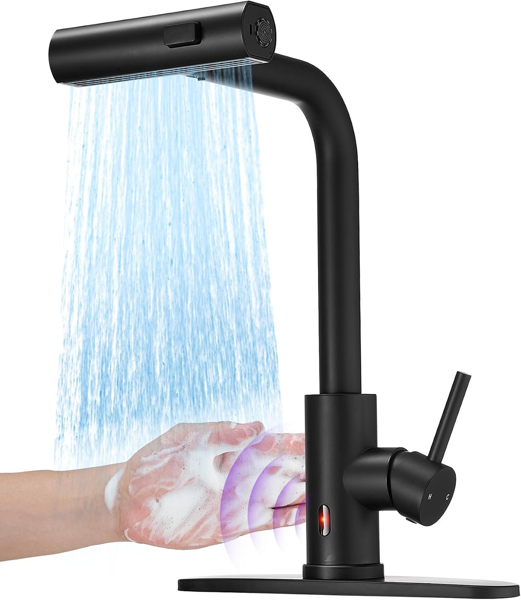 JOOM Black Waterfall Kitchen Faucet with Pull Down Sprayer & Soap Dispenser