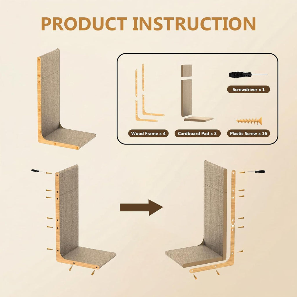 SMARTBEAN 3-Pack Cardboard Cat Scratcher for Indoor Cats, 23 Inch L Shaped Vertical Cat Scratching Post, Cat Scratching Board for Wall and Couch, Large