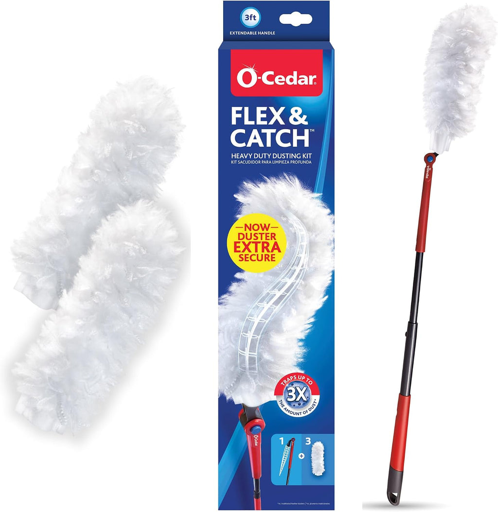 O-Cedar Flex & Catch Heavy Duty Dusting Kit with 15 Disposable Duster Refills | New & Improved Model | Extendable 3 Ft Handle with Stay-On Duster Hook | Traps 3X More Dust Than Feather Dusters