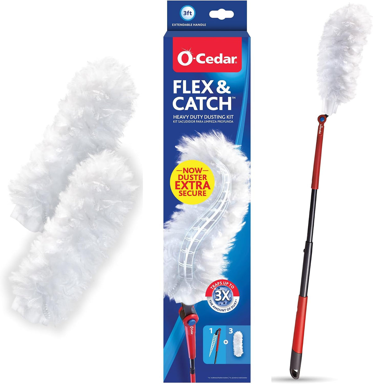 O-Cedar Flex & Catch Heavy Duty Dusting Kit with 15 Disposable Duster Refills | New & Improved Model | Extendable 3 Ft Handle with Stay-On Duster Hook | Traps 3X More Dust Than Feather Dusters