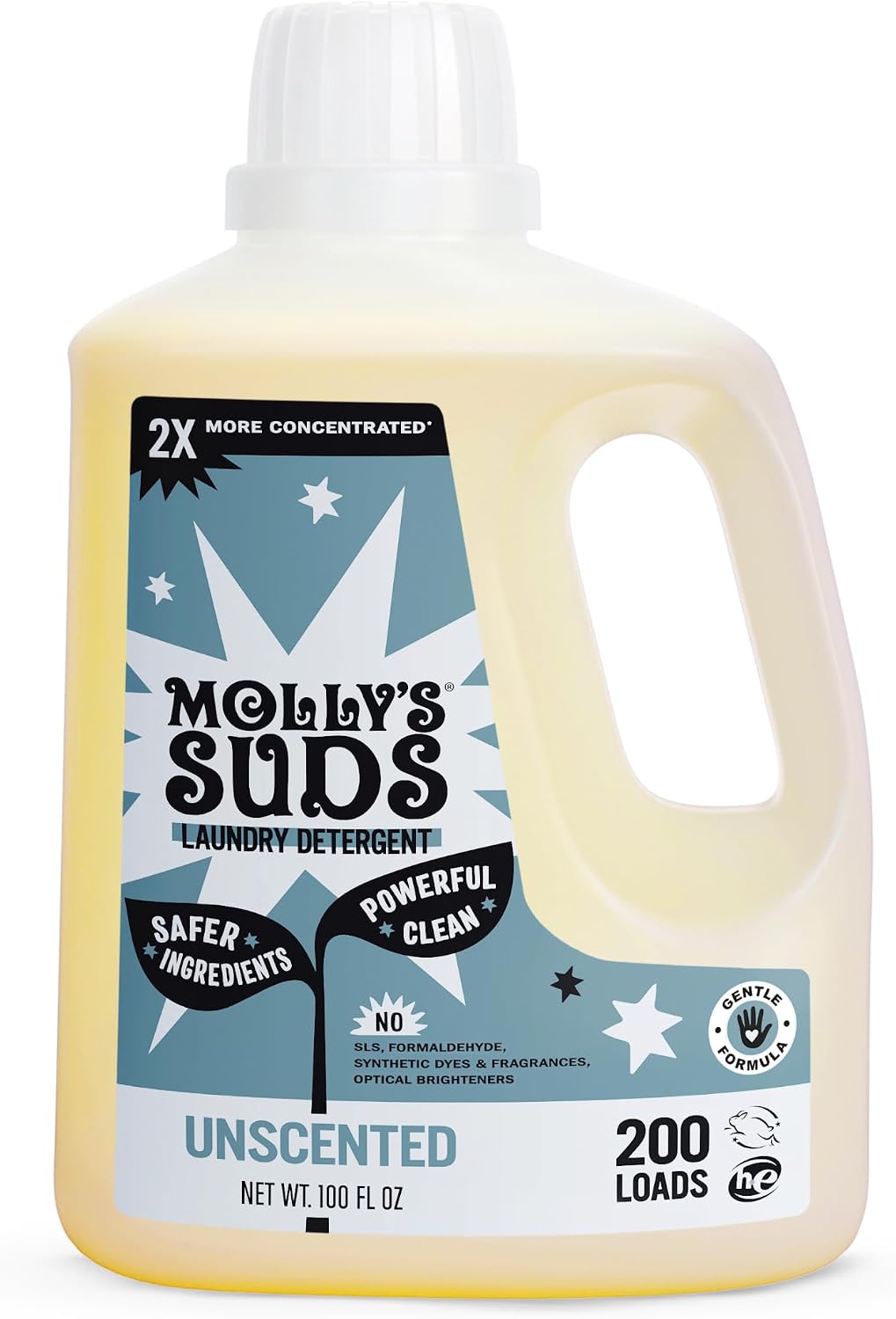Molly's Suds Liquid Laundry Detergent | Clean Laundry Detergent Soap for Sensitive Skin | 2x Concentrated, High Efficiency (HE) | Peppermint - 100 Loads