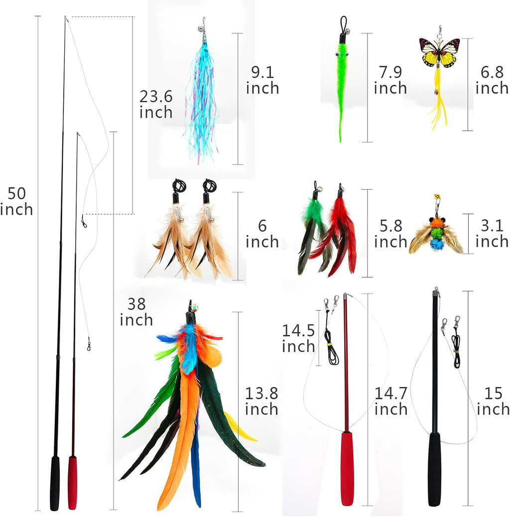 miwoowim 2PCS Retractable Cat Teaser Wands & 9PCS Feather Refills Toy Set