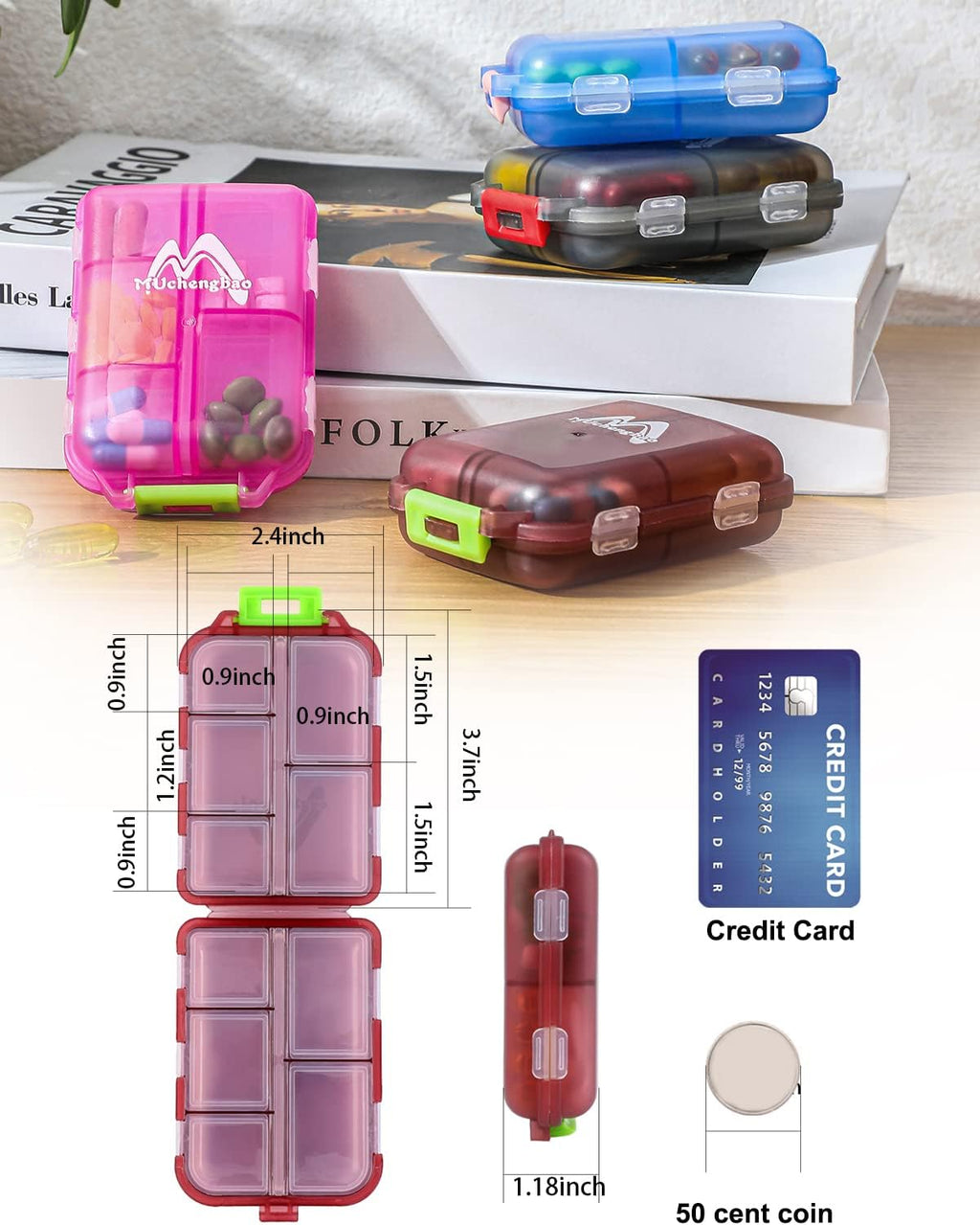 4PS Travel Pill Organizer 10 Compartment Folding Small Pill Case Four Color