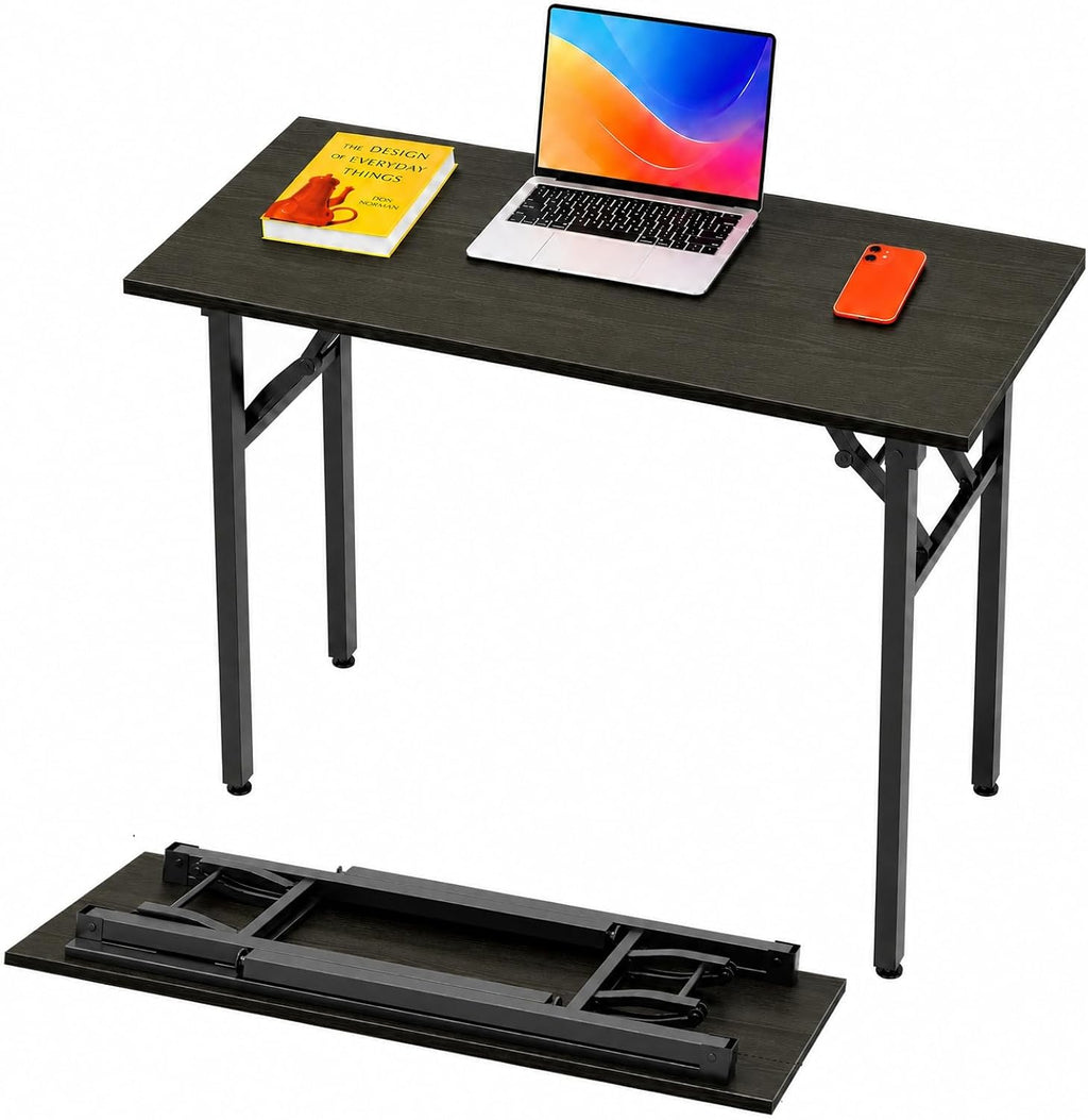 Folding Table Computer Desk - 35.8" No Assembly Folding Desk Design and Foldable Office Desk, Small Desk for Bedroom, Compact Storage Portable Use for Dorm and RV Small Space, Dark Oak