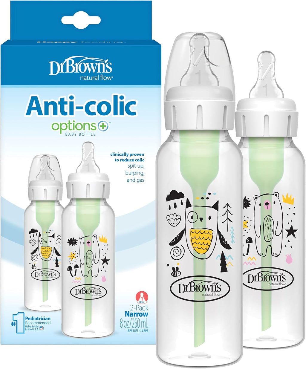 Dr. Brown's Anti-Colic Options+ Narrow Baby Bottle, Goat & Squirrel, 2-Pack