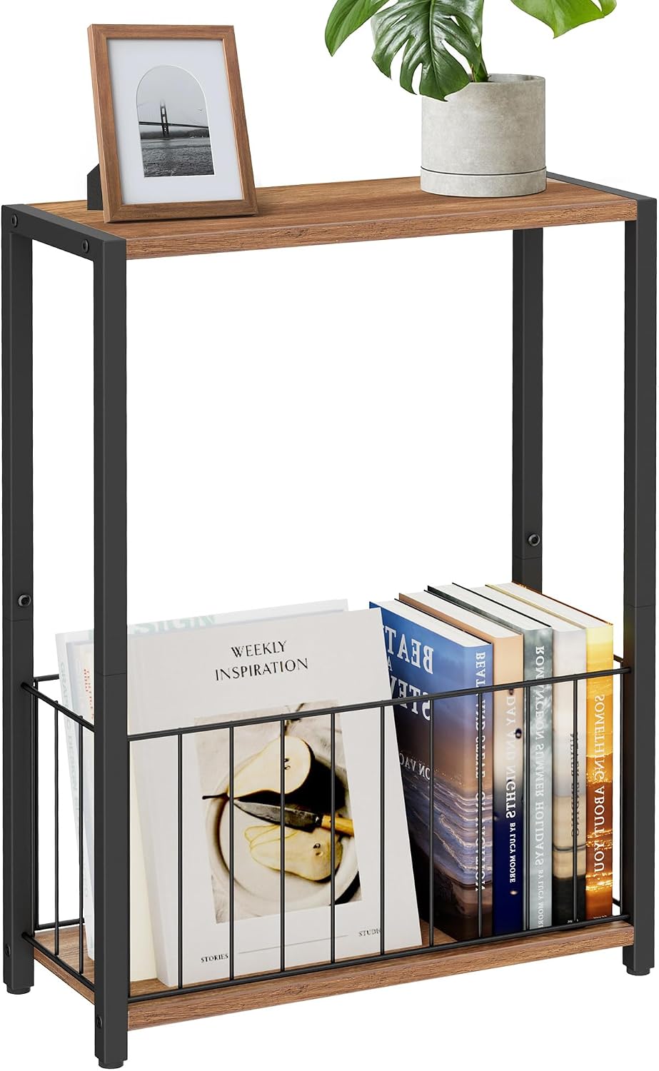 Homleke Narrow Side Table with Magazine Holder, Skinny End Table