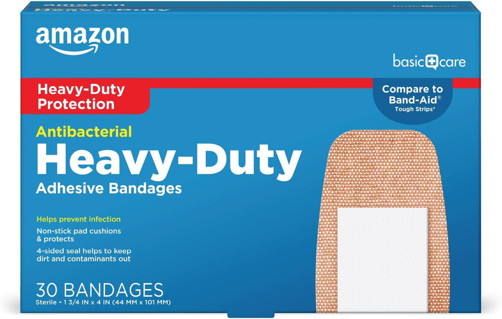 Amazon Basic Care Heavy Fabric Adhesive Bandages, Strong Adhesion, Large Tough & Flexible Non-Stick Pad Cushion, 1.75 x 4 in, 30 Count