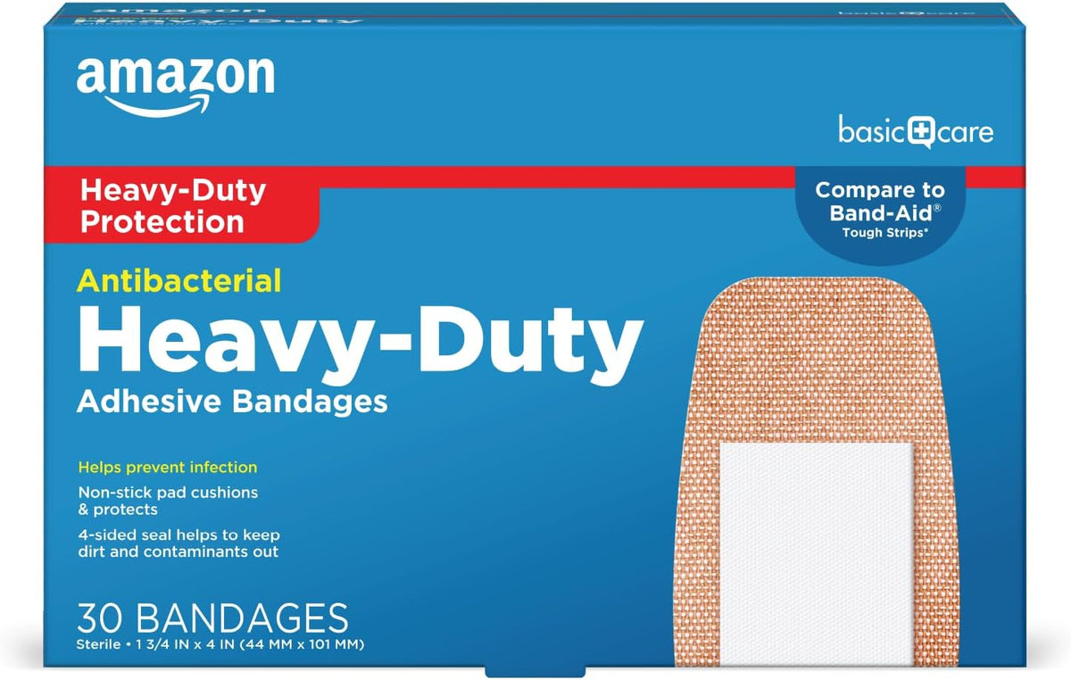 Amazon Basic Care Heavy Fabric Adhesive Bandages, Strong Adhesion, Large Tough & Flexible Non-Stick Pad Cushion, 1.75 x 4 in, 30 Count