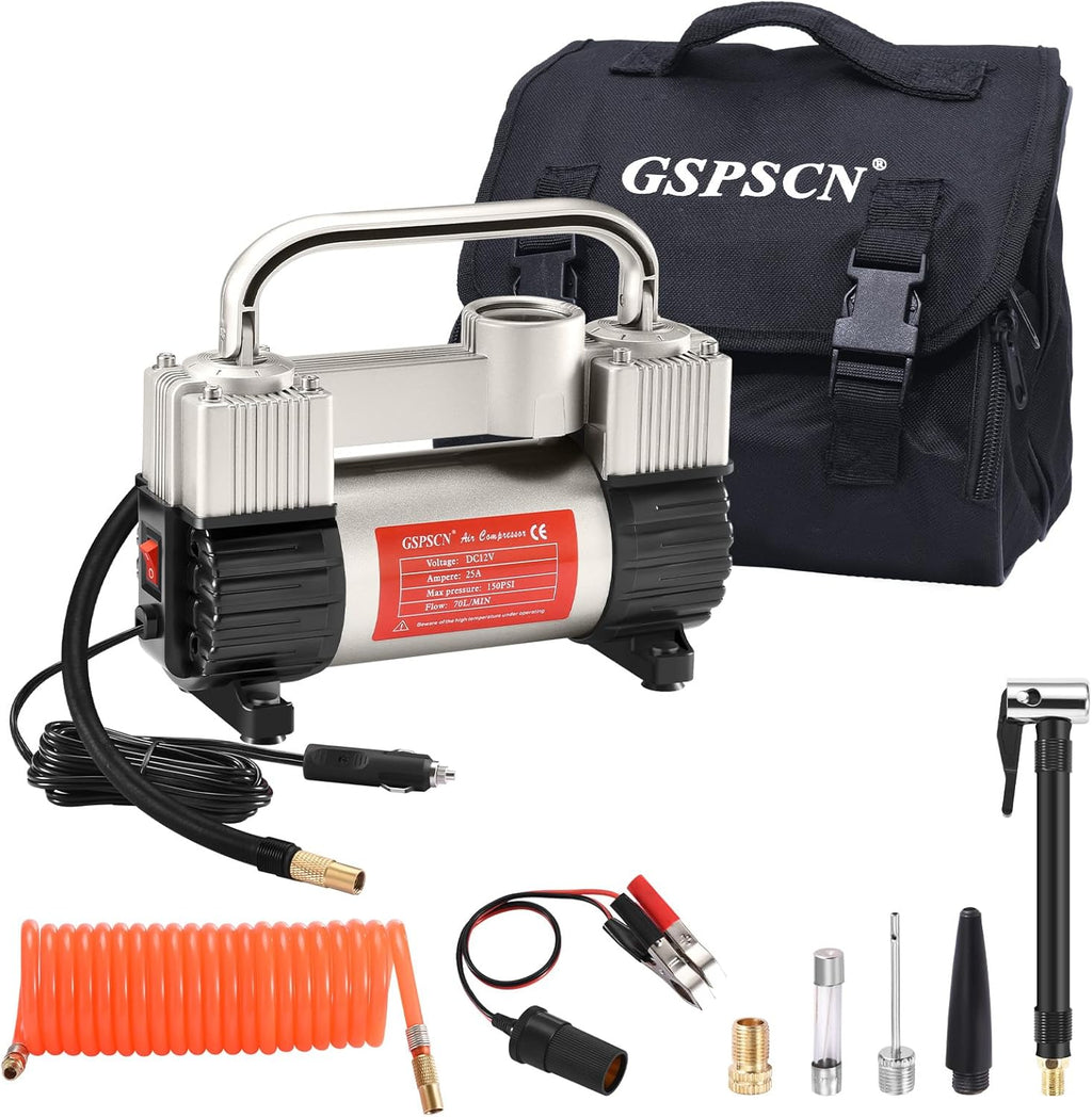 GSPSCN 12V Heavy Duty Tire Inflator Metal Portable Air Compressor Pump
