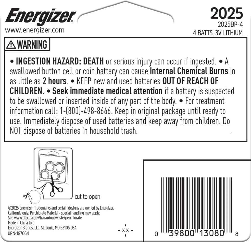 Energizer 2025 Batteries (4 Pack), 3V Lithium Coin Batteries With 3-in-1 Child Shield