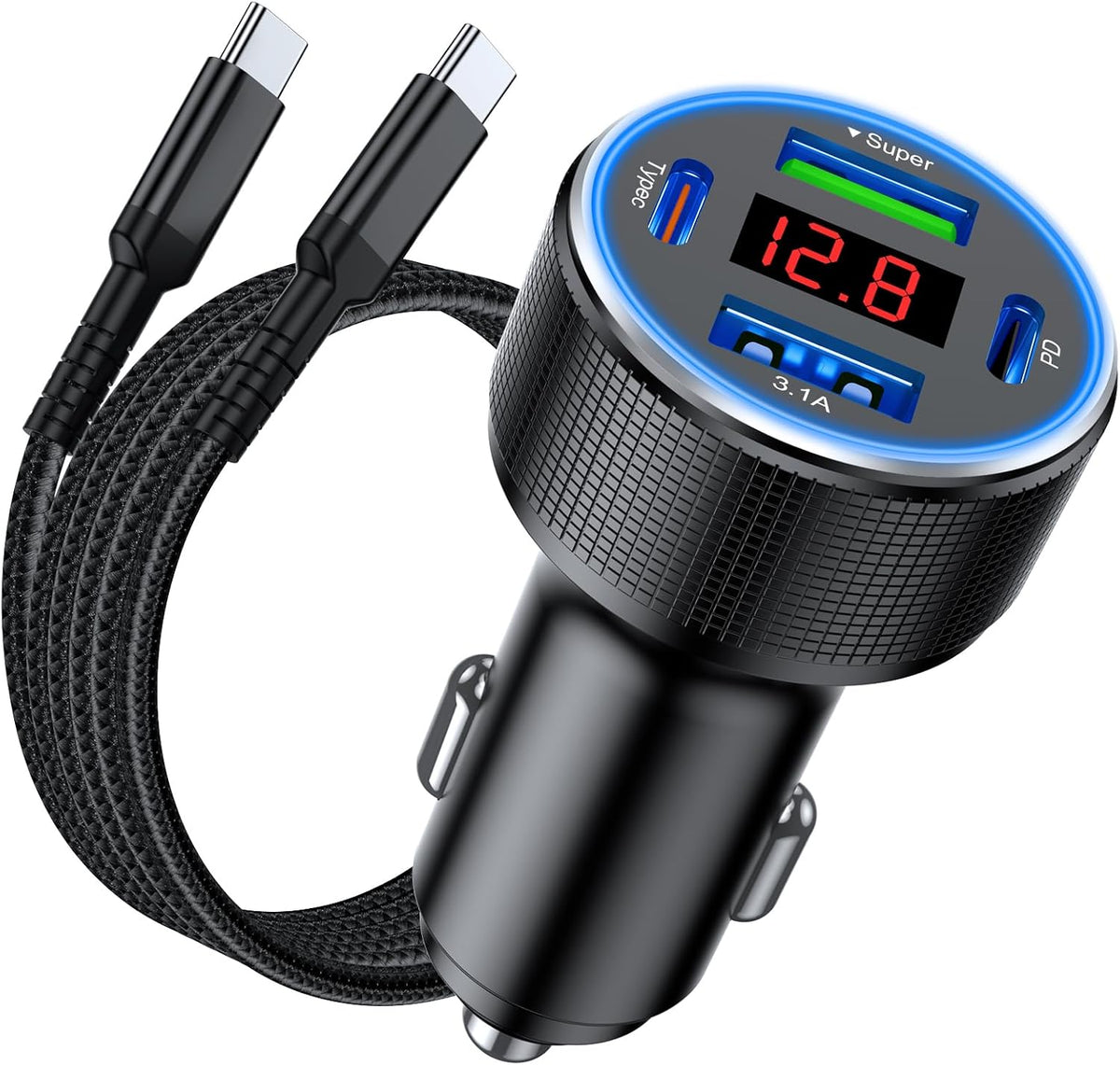Car Charger USB C Fast Charge, 4 Port 78W Metal Car Phone Charger with Voltmeter, 2 USB-C & 2 USB-A Cigarette Lighter USB Charger Adapter for iPhone 17 16 15 Pro Max, Galaxy S26 S25, iPad