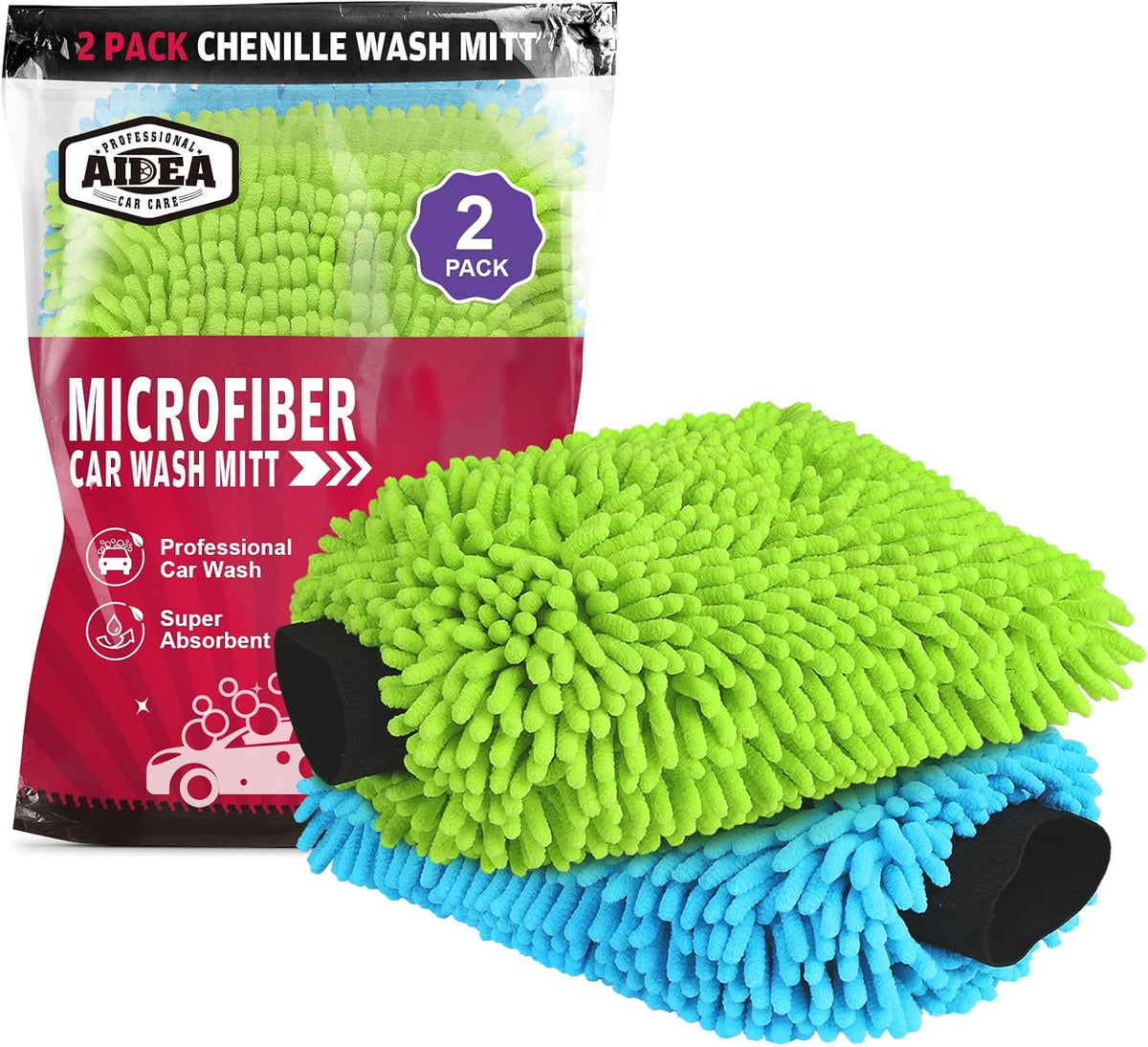 AIDEA Car Wash Mitt Microfiber-2PK, Car Wash Brush, Green, 7.12''X10.14''