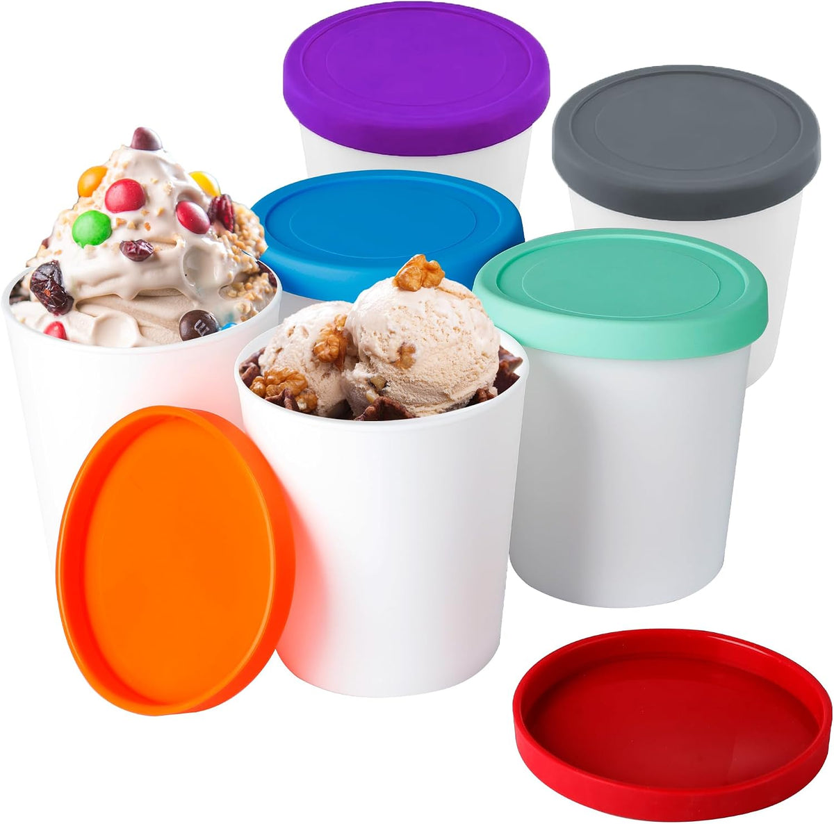 Ice Cream Containers for Homemade (4 Pack - 1 Quart Each), Reusable PP Plastic Ice Cream Storage Containers for Freezer, Leak-Free Ice Cream Containers with Silicone Lids