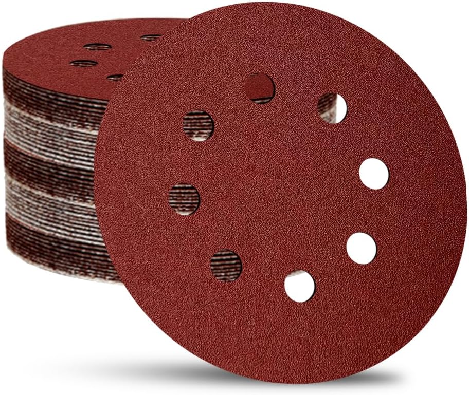 52 Pack 5 Inch 8-Hole Hook and Loop Sanding Discs Sandpaper Red Round 60 80 120 220 320 Mixed Grits Sandpaper for Random Orbital Sander