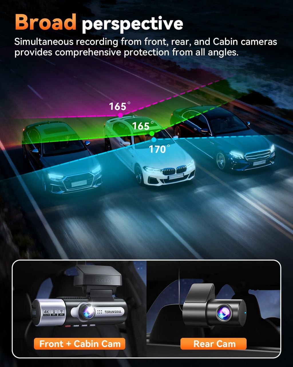 4K Dash Cam Front and Rear, Full HD 3 Channel Dashcam, Free 128GB Card