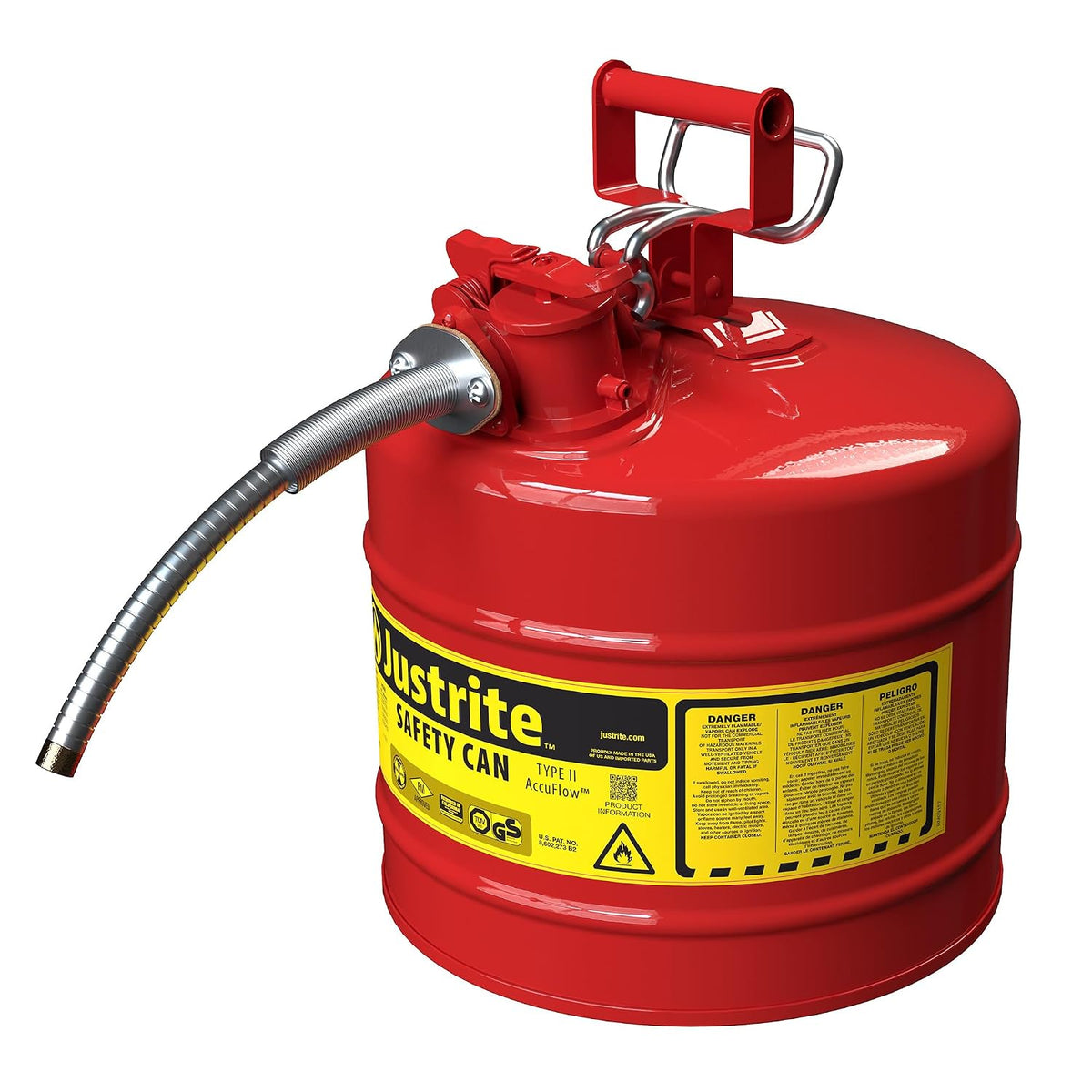 Justrite Type II Gasoline Safety Can, Red Galvanized Steel, FM Approved