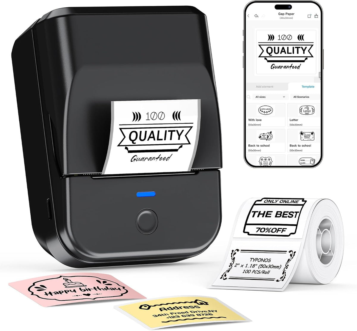PM240 Label Maker Machine with 3 Tapes, Label Printer Black, Set 1