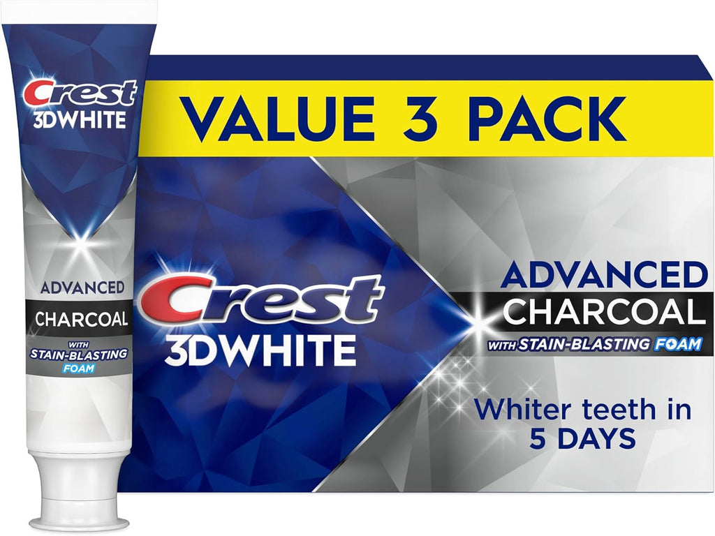 Crest 3D White Advanced Charcoal Teeth Whitening Toothpaste with Fluoride, 3.3 oz, Pack of 3