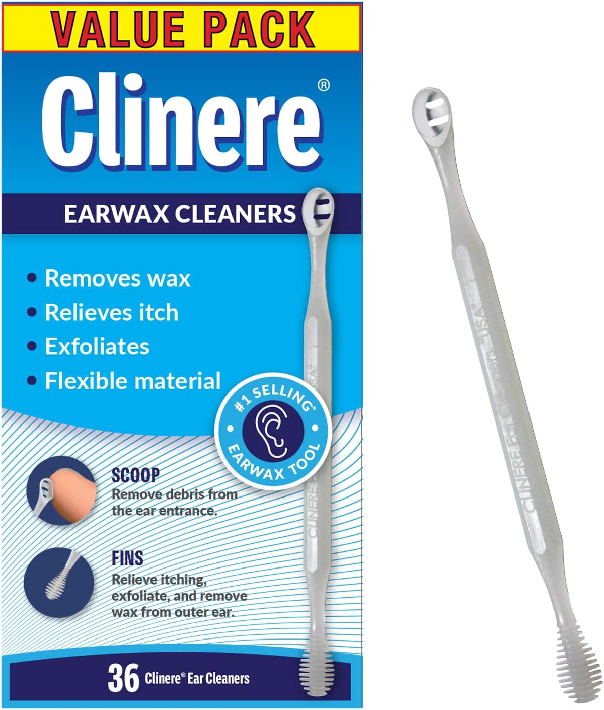 Clinere Ear Cleaners, Gentle Canal Cleaning and Ear Wax Removal Tool, Itch Relief, Exfoliates, 36 Count