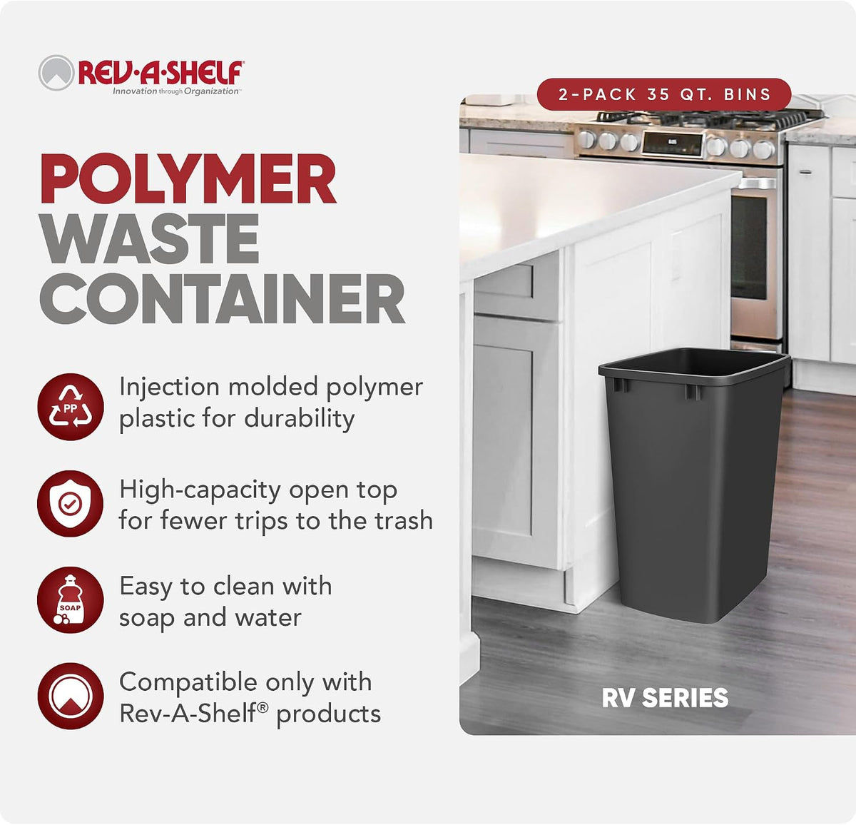 Rev-A-Shelf Double Pullout Garbage Trash Cans for Kitchen Cabinets, 35 Qt