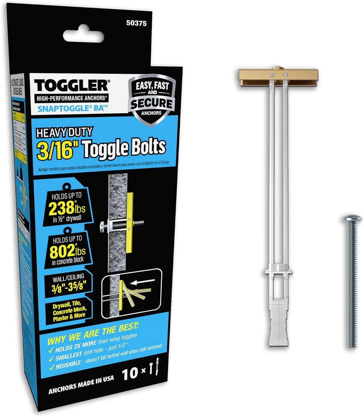 TOGGLER SNAPTOGGLE BA Toggle Anchor with Bolts, 10 Pack