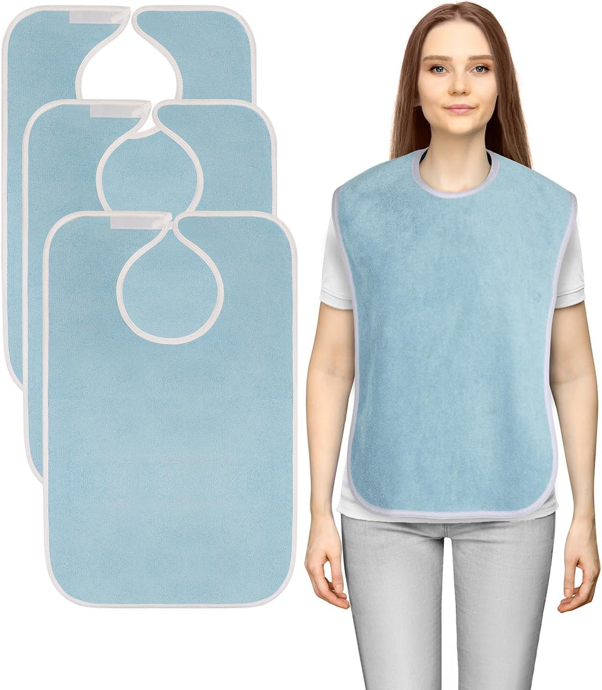 3 Pack Waterproof Premium Terry Adult Bibs for Women Men Seniors Blue