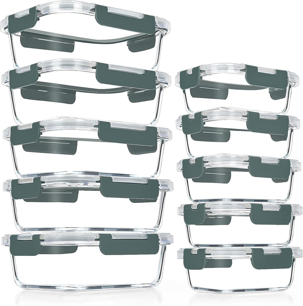 VERONES 10 PACK Glass Meal Prep Containers Set with Lids, Grey