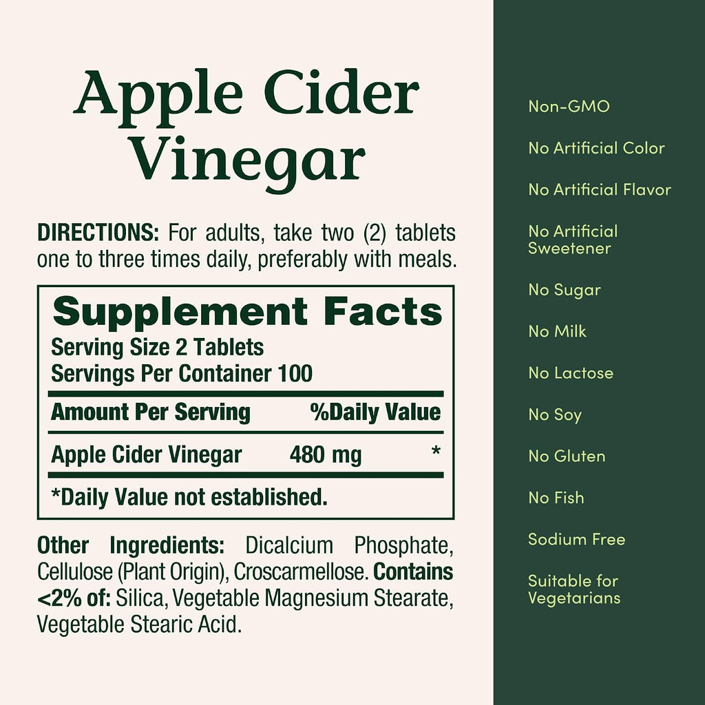 Nature's Bounty Apple Cider Vinegar 480mg, 200 Tablets