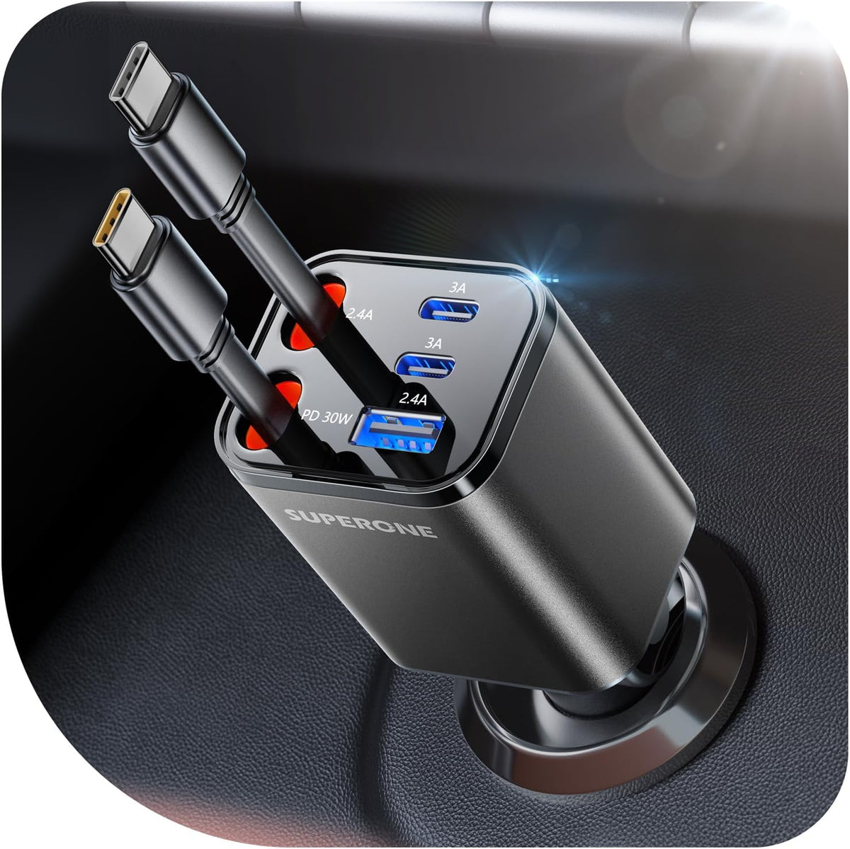 SUPERONE 6 in 1 Retractable Car Charger with Dual Type C Cables