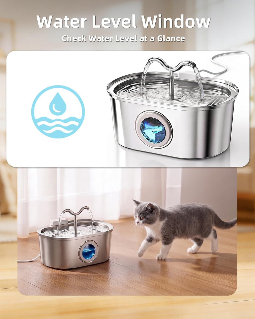 3.2L/108oz Stainless Steel Cat Water Fountain Pet Fountain