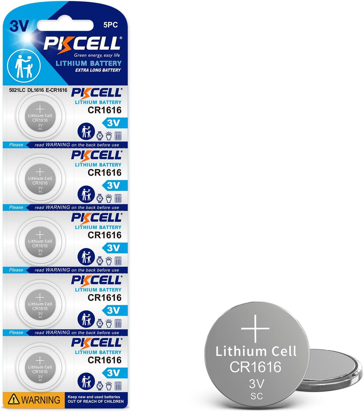 PKCELL CR1616 Battery 5 Pack, CR1616 3V Lithium Battery CR 1616 Battery