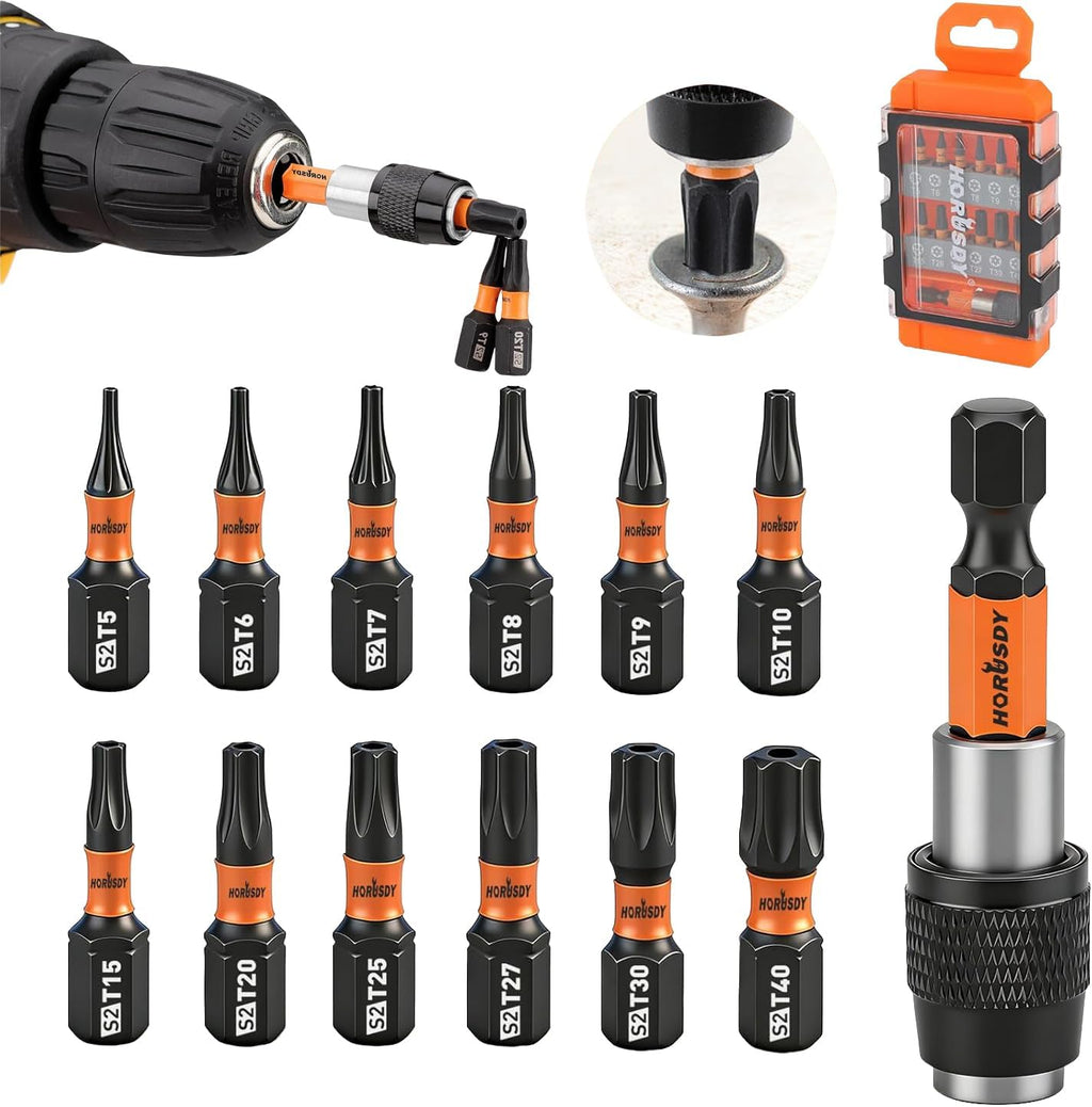 HORUSDY 14-Piece Tamper Resistant Star Bits, S2 Alloy Steel, T5 - T40 Security Torx Bit Set