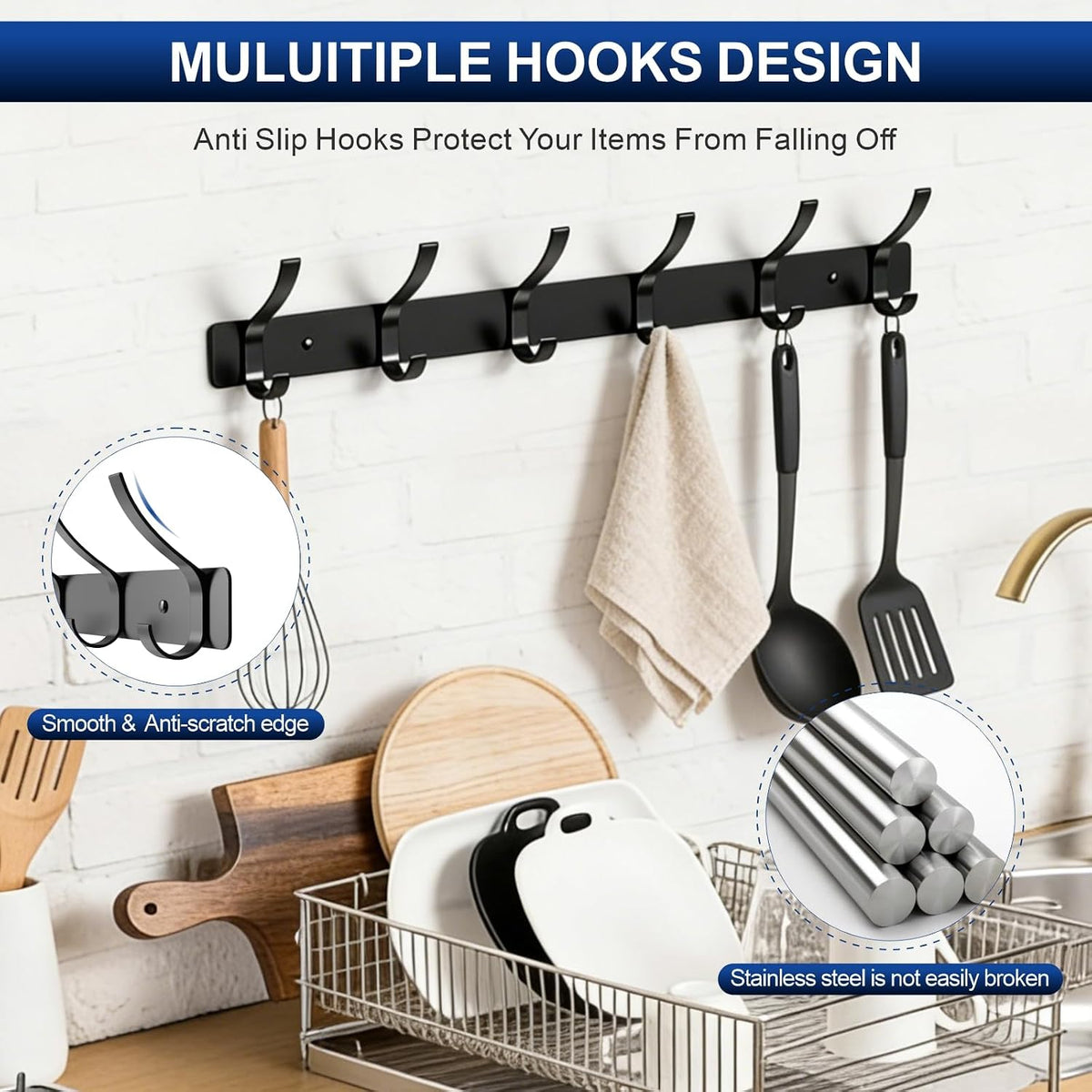 Wall Mounted Coat Rack, 6 Hooks for Hanging Clothes, Black, 2-Pack