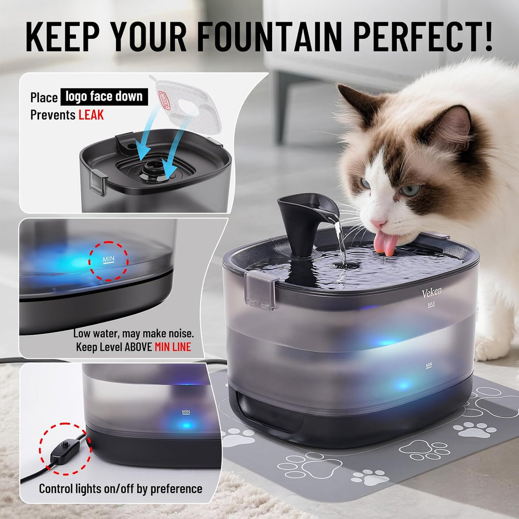 Veken 85oz/2.5L Cat Water Fountain with Detachable Tank & Secure Clips