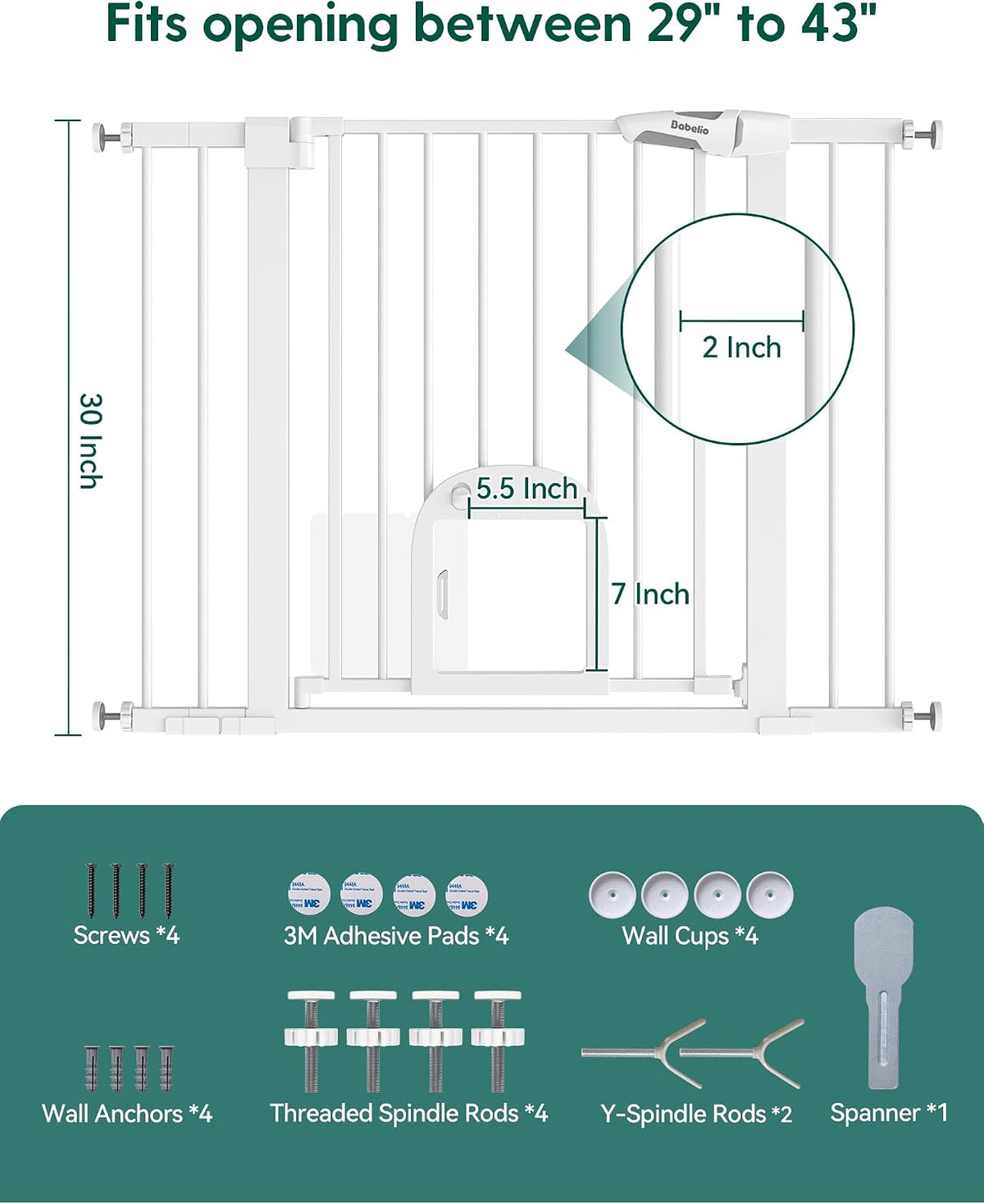 Babelio Baby Gate with Adjustable Cat Door, CatPrivilege III, 29-43"