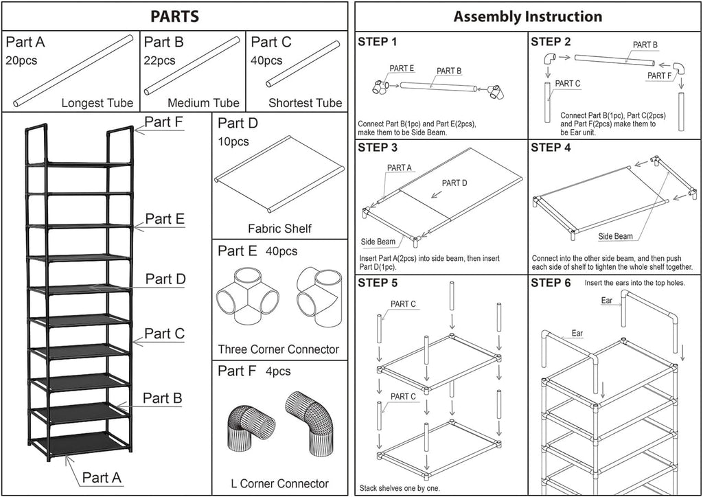 FIDUCIAL HOME 10 Tiers Shoe Rack Organizer 20 Pairs Tall Shoe Shelf