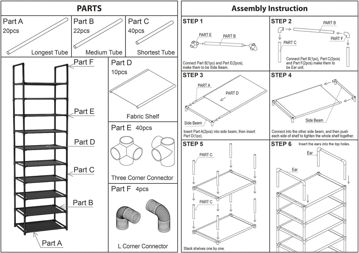 FIDUCIAL HOME 10 Tiers Shoe Rack Organizer 20 Pairs Tall Shoe Shelf