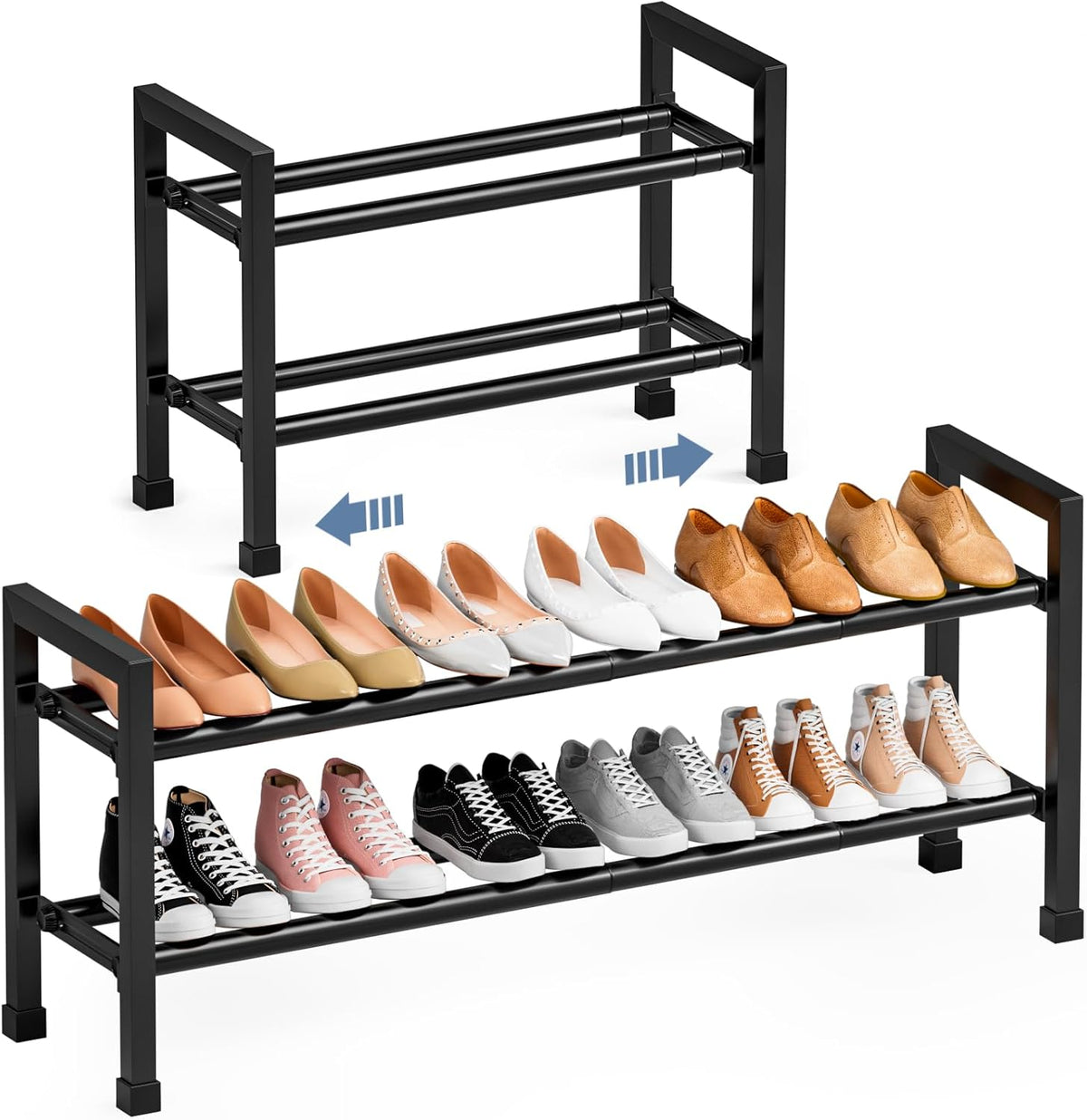 Mavivegue 19“- 43” Adjustable Shoe Rack, 3 Adjustable Length, 3 Tier Expandable Shoe Rack for Closet, Entryway, Shoe Shelf, Black