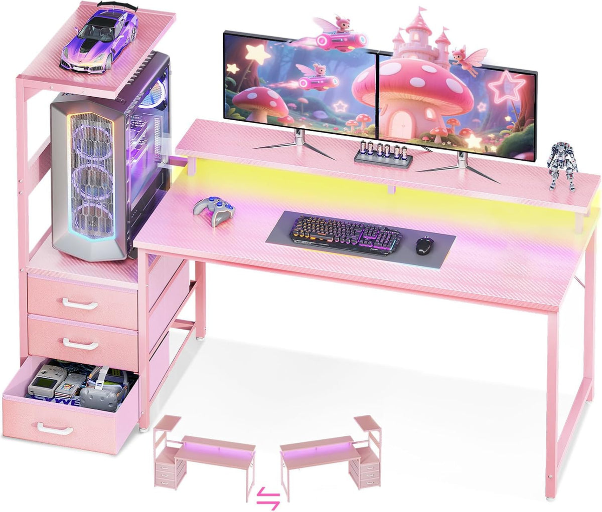 AODK Gaming Desk w/PC Showcase Stand, 59" Reversible, RGB LED
