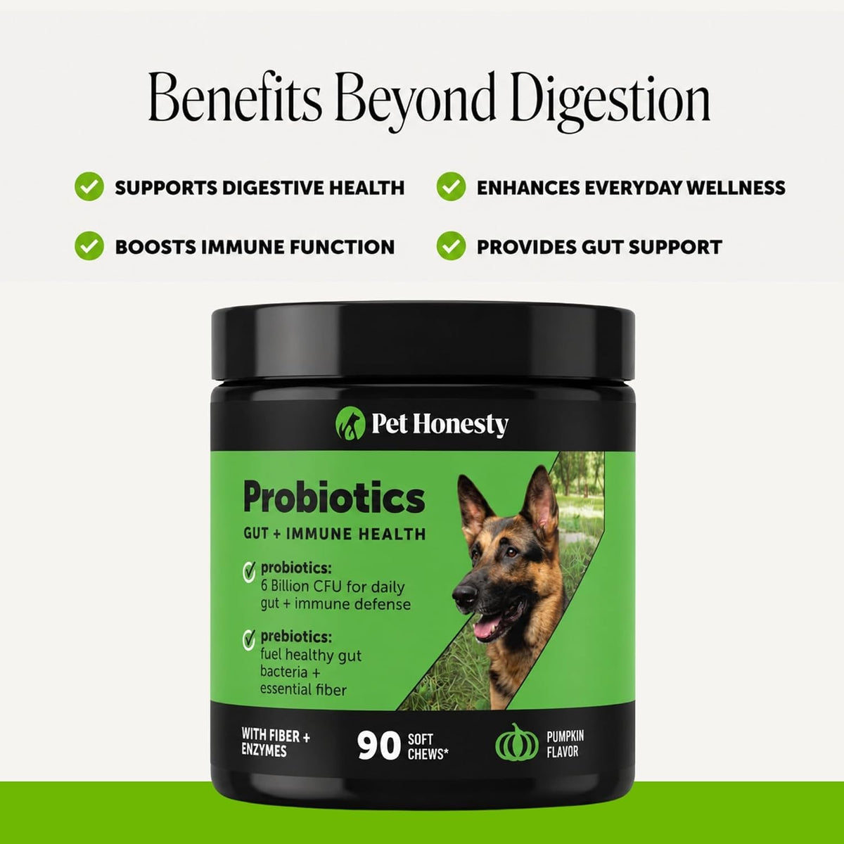 Pet Honesty Dog Probiotics Chews for Gut & Digestive Health, 90ct, Pumpkin | Vet recommended probiotics for dogs with digestive enzymes, prebiotics and fiber for regularity, gentle on sensitive stomachs